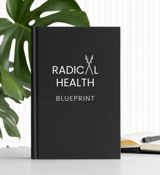 A custom black book titled ‘Radical Health Blueprint’ standing upright, symbolizing a transformative guide to health
